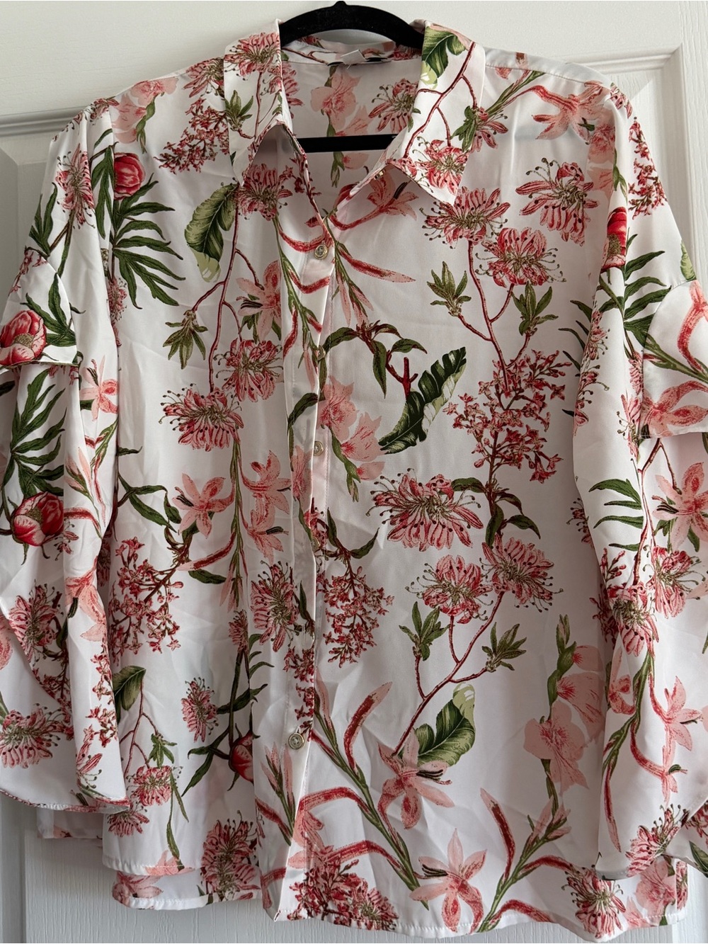 Kensie White Floral Button-Down Shirt with Pink & Green Print